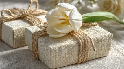Beautifully wrapped gift boxes adorned with white tulip flowers and twine, set against a soft background, perfect for celebrations and thoughtful gifting