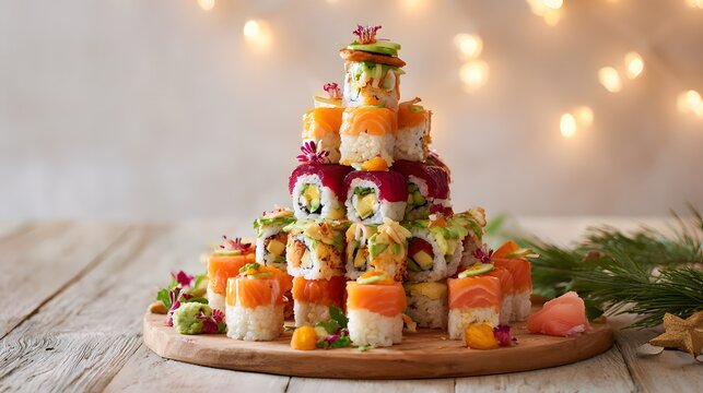 Festive sushi tower a vibrant culinary display perfect for parties and seasonal celebrations