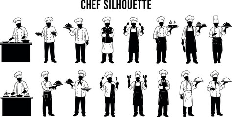 Chef silhouettes in various cooking poses, professional kitchen staff in uniform, culinary actions, restaurant service, food preparation vector illustration