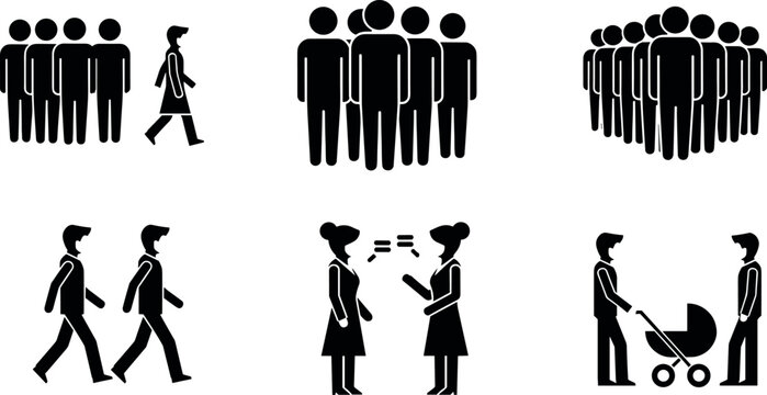 Black and white vector icons showing diverse social interactions, communication, family, companionship, and group dynamics in public settings