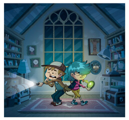 Child detectives in a dark room searching for clues