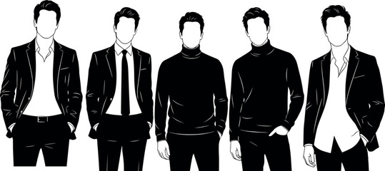 Faceless male fashion illustration showcasing modern formal and semi-formal outfits including suits, turtlenecks, business attire, and stylish poses.