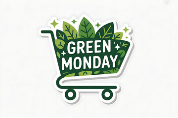 Embrace sustainable shopping with a vibrant Green Monday sale, featuring eco friendly leaves and a charming shopping cart design for your campaigns.