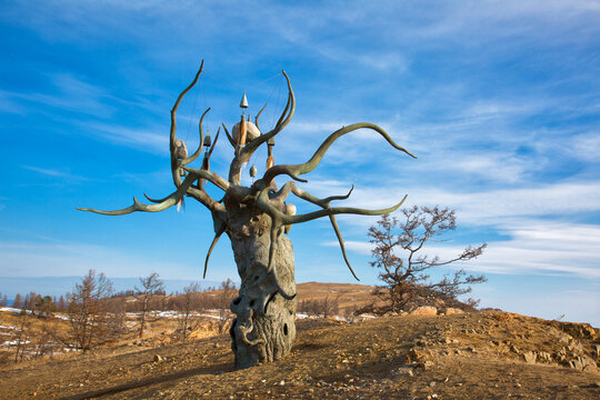 RUSSIA, OLKHON: MARCH 17, 2019: Sculpture &ldquo;Keeper of Batsykal&rdquo; sculptor Dashi Namdakov