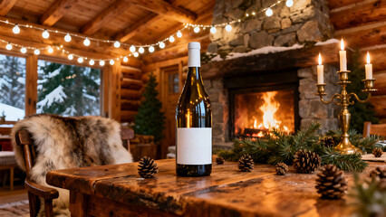 Premium wine bottles with white labels sit on a wooden table near a stone fireplace, creating a relaxing winter atmosphere.