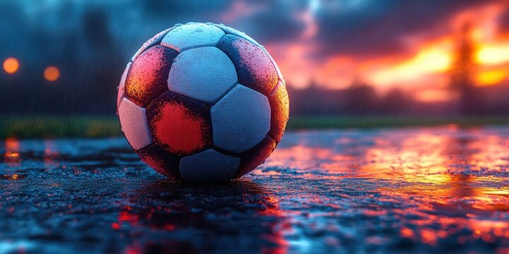 A vibrant soccer ball rests on a wet field, illuminated by a dramatic fiery sunset. The scene evokes a sense of athleticism and beauty.
