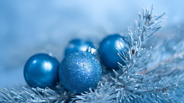 Frosted blue Christmas ornaments sparkle on pine branches a winter holiday visual delight