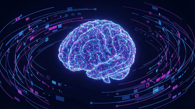 Neural network artificial intelligence visualization with glowing synapses and data flow