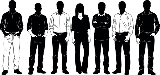 Silhouette of diverse casual people standing together in relaxed posture, black and white team illustration for demographic design use