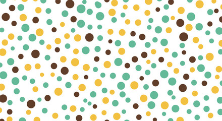A playful and modern pattern featuring a random distribution of circles in teal, yellow, and brown against a clean white backdrop.