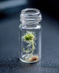 Fragile New Life - A Verdant Sprout Growing Within a Scientific Glass Vial.