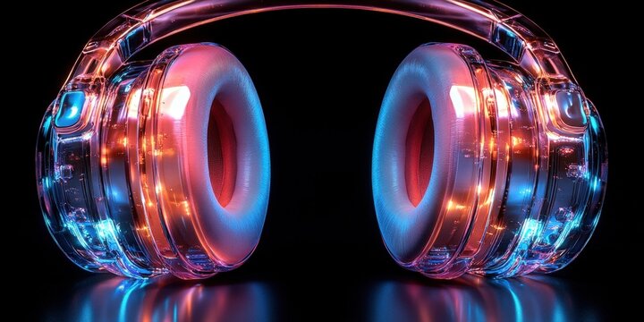Two futuristic headphones emit vibrant blue and red light against a stark black backdrop, creating a dramatic and modern visual effect. Perfect for technology, innovation, and high-tech concepts.