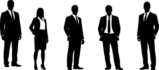 Silhouettes of business professionals in formal attire standing confidently, representing corporate teamwork, leadership, diversity, and professional workplace environment.