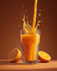 Fresh Orange Juice Pouring into Glass with Splashes and Halved Oranges on Brown Background.