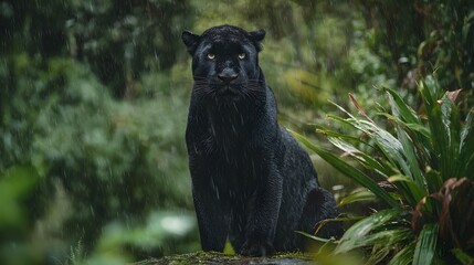 Obraz premium Majestic black panther portrait rain kissed jungle wildlife dramatic gaze serene nature wallpaper backdrop visual art