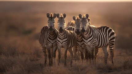 Obraz premium Sunrise serenity a zebra family portrait captures warmth on the African savanna grasslands