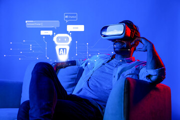 A person wearing a virtual reality headset engages with a digital AI chatbot, highlighting the intersection of human interaction and advanced automation technologies in a vibrant environment. XDMCP