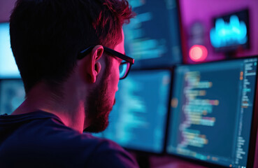 Bearded young man in glasses codes on multiple computer screens late at night. Works with tech data in dark room under neon lights, creating digital solutions for future. Dev focuses on software