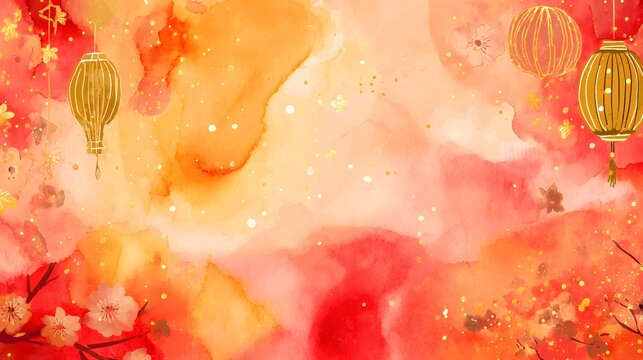Elegant Chinese New Year watercolor background with lanterns blossoms and festive design elements