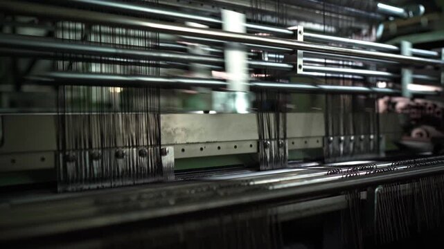 Industrial weaving loom close-up showing threads, precision metal rods and yarn spools, shuttle less mechanism moving in rhythmic pattern, muted green workshop
