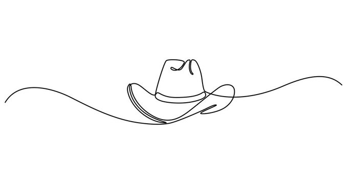 Animated self drawing  One line art cowboy hat - Minimalist continuous line drawing of western style hat vector illustration, Continuous one line drawing of men hat, Single line drawing of cowboy hat,