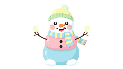 A charming cartoon snowman with a yellow hat and scarf holds snowflakes with his twig arms