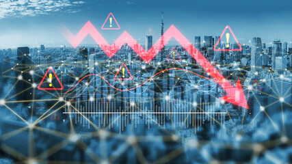 Economic caution visualized with fluctuating market graph, alert symbols, and negative data trends....