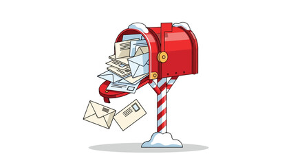 A red mailbox stuffed with letters supported by a candycane post with snow