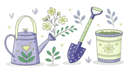 “Spring gardening tools vector set, watering can, pot, shovel, pastel colors, transparent background.”
