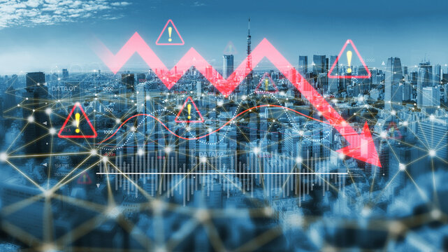 Economic caution visualized with fluctuating market graph, alert symbols, and negative data trends. Represents financial risk, market volatility, and economic uncertainty. Spline