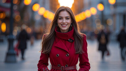 Fototapeta premium Woman Portrait Brunette Red Coat High Collar Belt Pockets Smiling Expression Pedestrian Zone Christmas Lights Elegant Sophisticated Warm Sunlight Backlight Generative AI