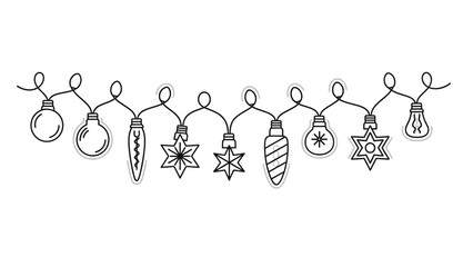 Blackline drawing of Christmas lights assorted bulbs stars ornaments strung together on looped wire