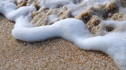 Calm Beach Scene with Gentle Waves and Seafoam on Sandy Shore Captured in Close-Up During Daylight Hours for Relaxation and Nature Enthusiasts