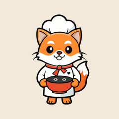 Cute chef fox character holding a bowl of food with a heart emblem
