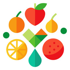 Healthy heart shape surrounded by fresh fruits and vegetables isolated on white background