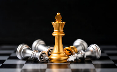 Golden chess king standing victorious over fallen silver chess pieces on a chessboard, symbolizing leadership, strategy, competition, and ultimate success in a challenging game or business environment