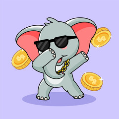 Obraz premium Cool Elephant Dabbing Wearing Sunglasses with Gold Coins Vector Illustration Cartoon Design