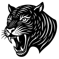Fierce black tiger head silhouette with open mouth and sharp teeth