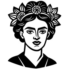 Stylized black and white portrait of a woman with floral headdress