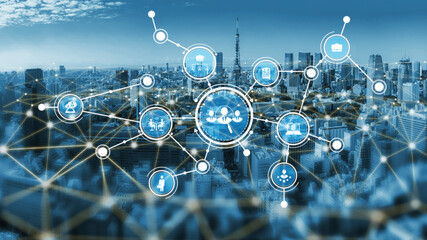 This image captures a futuristic digital network overlaying a cityscape, showcasing various icons that symbolize technology, data, and communication in an urban setting. Tessel