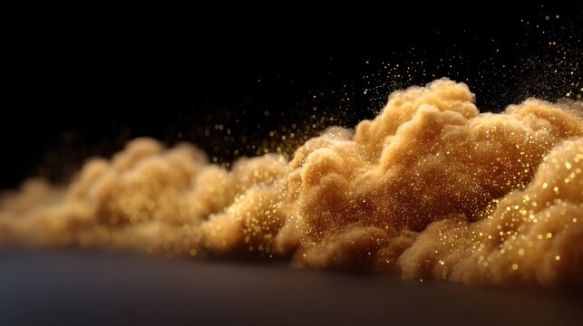 Abstract golden dust clouds swirling in the air creating a mystical atmosphere with shimmering particles against a dark background for creative projects