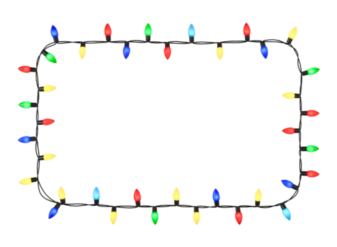 Colorful christmas lights forming a rectangular frame isolated on transparent background