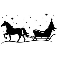 Fototapeta premium Silhouette of a horse pulling a sleigh with a christmas tree under starry sky