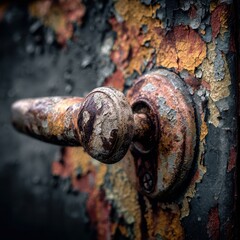 Decaying Door Handle - Close-up of Rust and Peeling Paint on Metal.