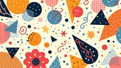 Vibrant Memphis-style shapes&mdash;dots, squiggles, triangles&mdash;on a cream background.