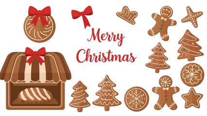 Illustrated gingerbread cookies of various shapes including people stars and trees alongside Merry Christmas text