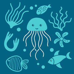Cute underwater scene with jellyfish fish seaweed and starfish