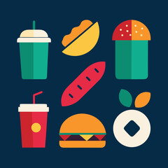 Vibrant flat icons representing fast food and drinks on a dark blue background