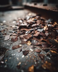 Decaying Floor - Close-up of Rusty Metal Shards on a Grungy Surface, Industrial Decay.