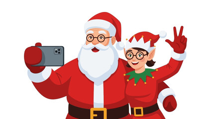 Santa  elf selfie Santa holds a phone while the elf makes a peace sign Both wear traditional Christmas attire